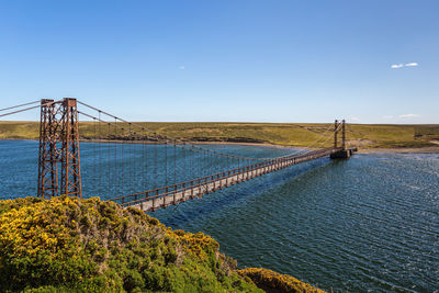 Scenic view of bay against clear blue sky