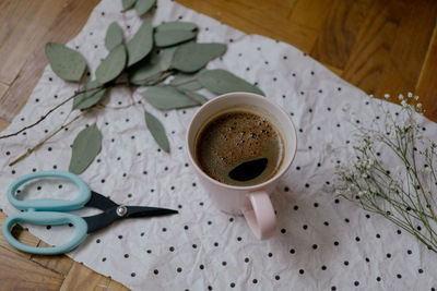 High angle view of coffee on table