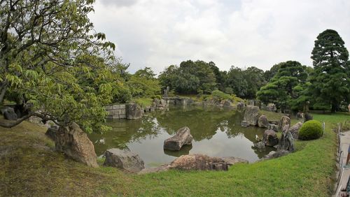 Scenic view of river by trees against sky