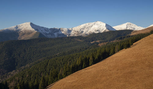 Scenic view of mountains against clear blue sky