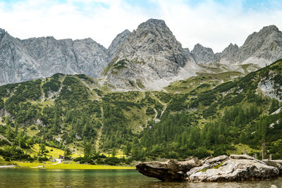 Scenic view of lake and mountains against sky