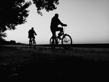 Silhouette people riding bicycle