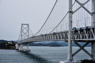 Suspension bridge over sea against sky