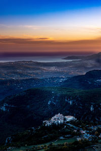 Aerial view of sea against sky during sunset