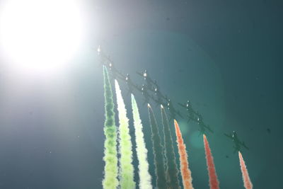 Low angle view of airplane flying against sky