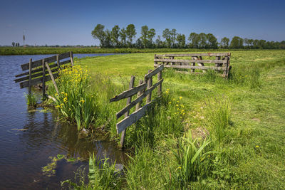 Wooden posts on field against sky