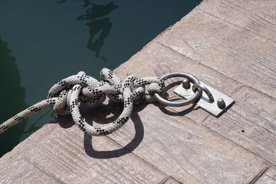 High angle view of ropes tied on rope