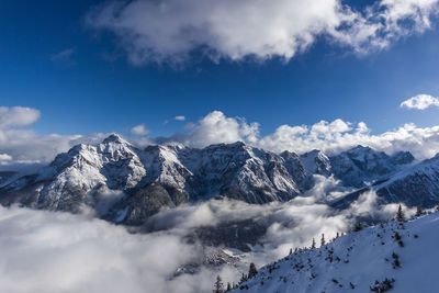 Scenic view of snowcapped mountains against sky