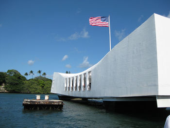 Flag on bridge over water