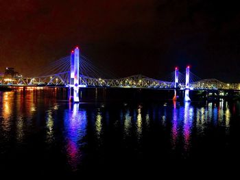 Illuminated bridge over river at night