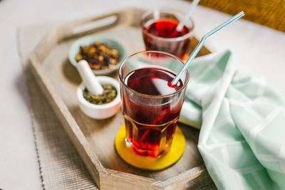 High angle view of drink on table