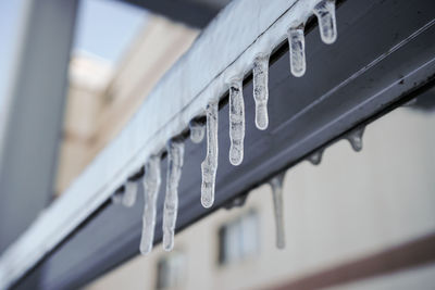 Close-up of icicles hanging on metal railing