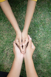 Directly above shot of cropped hands over grass