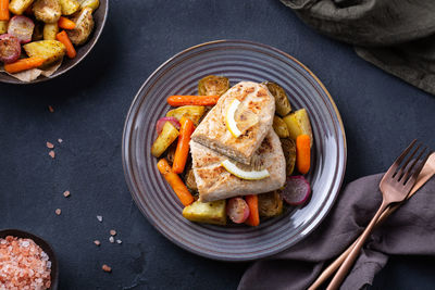 High angle view of food in plate on table