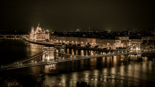 Panoramic of chain bridge with hungarian parliament building in background at the night