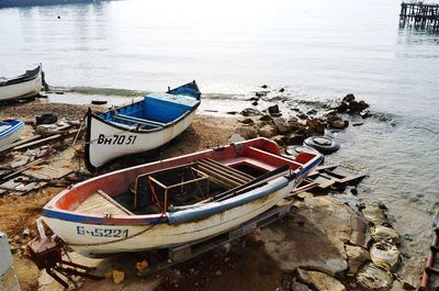 High angle view of boats moored at beach