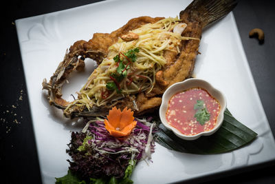 High angle view of food in plate on table