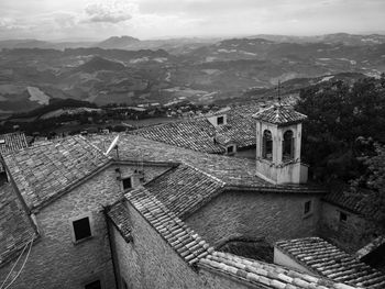 High angle view of houses against sky