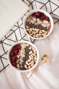 Close-up high angle view of strawberries in porridge