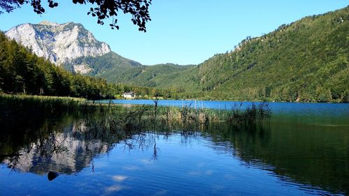 Scenic view of lake and mountains against sky