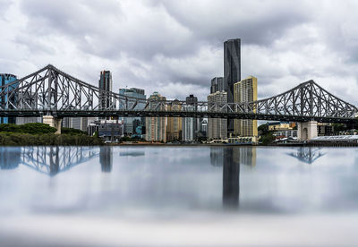 Bridge over river by buildings against sky in city