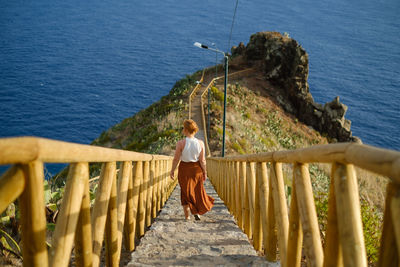 Rear view of  woman on railing by sea