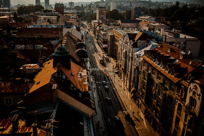 High angle view of illuminated buildings in city