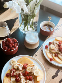 High angle view of breakfast served on table