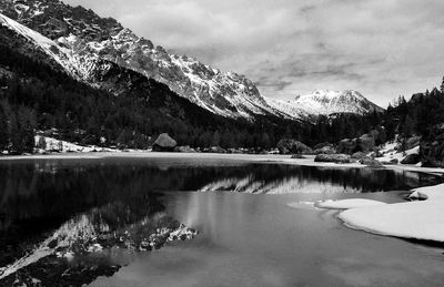 Scenic view of frozen lake by snowcapped mountains against sky