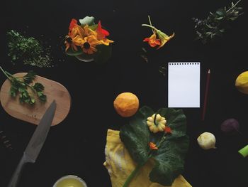 High angle view of various flowers against black background