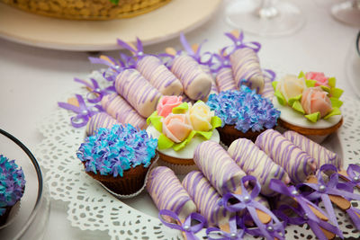 High angle view of cupcakes on table