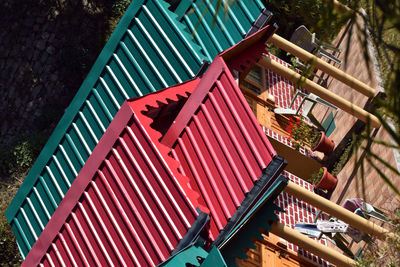 High angle view of multi colored roof and building