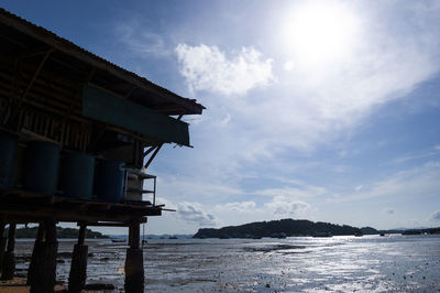 Low angle view of building by sea against sky