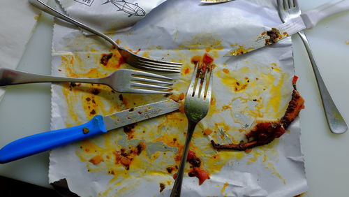 High angle view of leftovers in plate