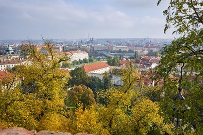 High angle view of townscape against sky during autumn