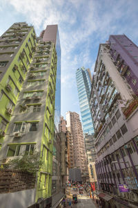 Low angle view of buildings in city against sky