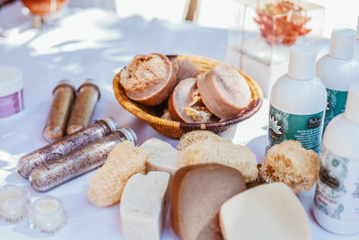 High angle view of breakfast on table