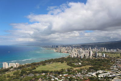 High angle view of city against cloudy sky