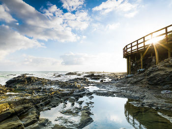 Reflection of rocks in sea against sky