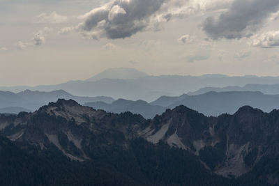 Scenic view of mountain range against sky during sunset