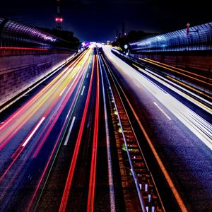 High angle view of light trails on highway at night