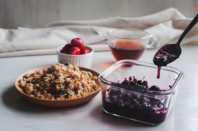 Close-up of breakfast on table