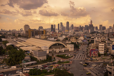 High angle view of cityscape against sky during sunset