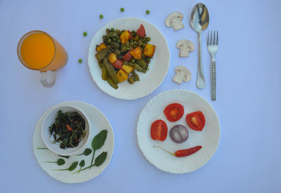 High angle view of breakfast served on table