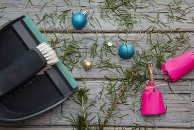 High angle view of christmas decorations on table