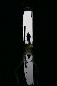 Rear view of silhouette man standing in water