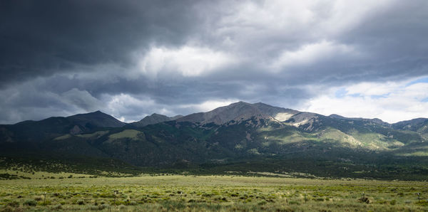 Scenic view of mountains against cloudy sky