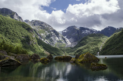 Scenic view of lake and mountains against sky