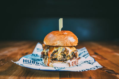 Close-up of burger in plate on table