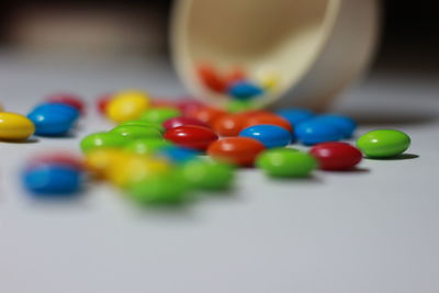 High angle view of multi colored balls on table